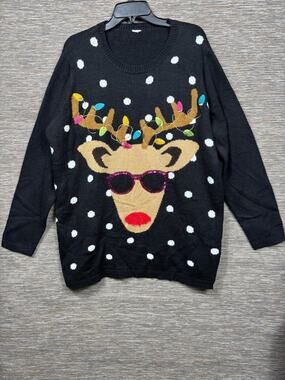 VTG Holiday Time Cool Reindeer Knit Sweater Womens Size XXL Black Pullover